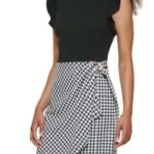 DKNY Black and White Gingham Midi Dress